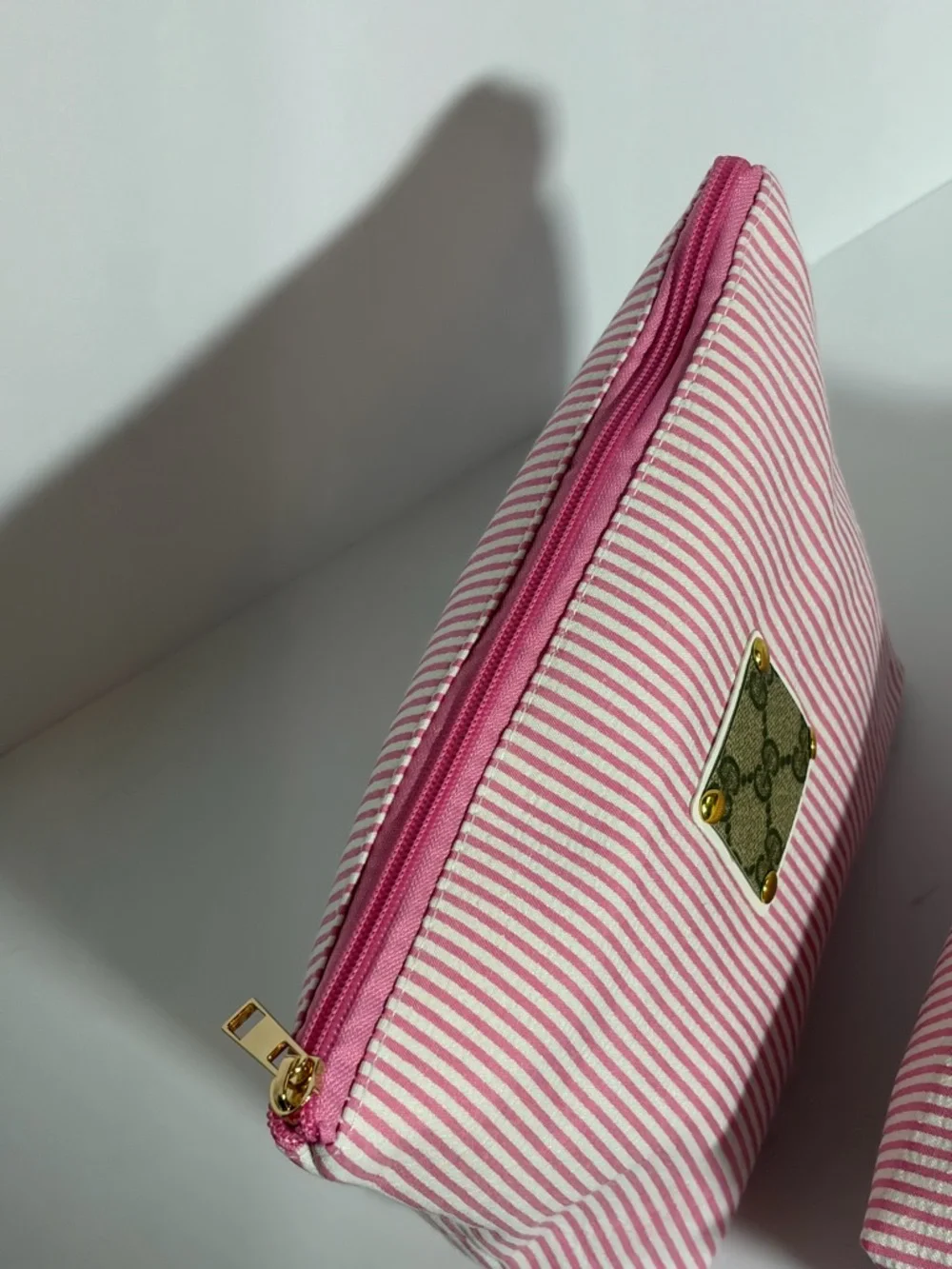 Pink & White Striped seersucker Makeup Pouch Duo w/ upcycled Gucci Patch